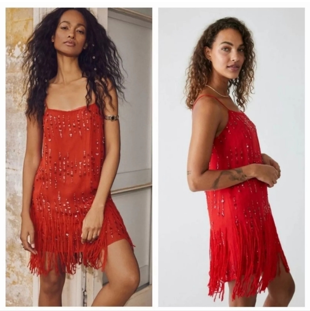 Free People Red Fringe Mini Dress